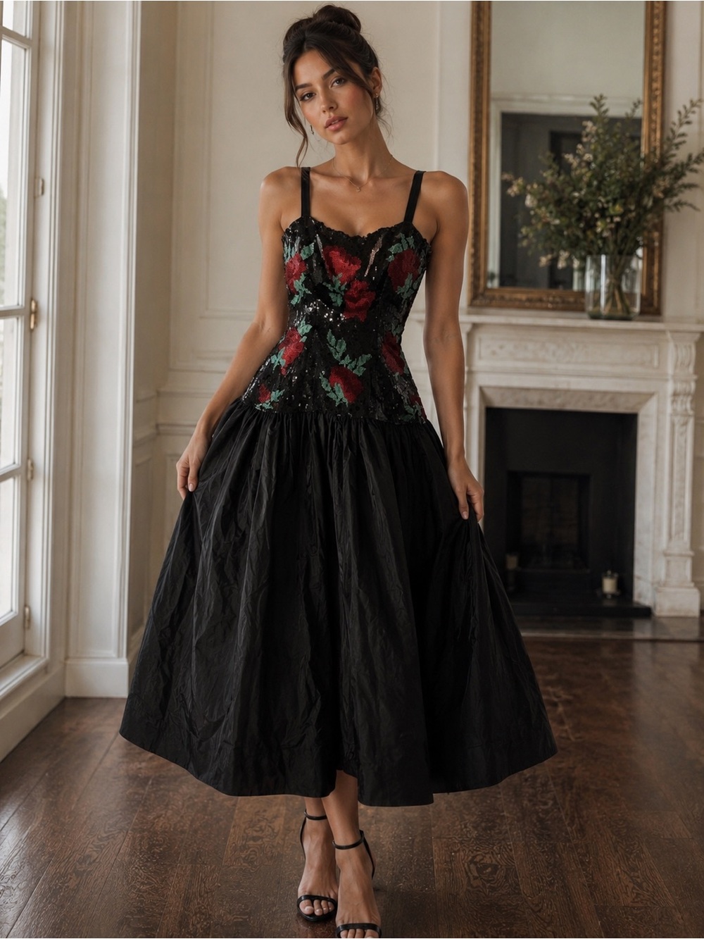 Vintage 1980s Richilene Evening Gown Designer with Sequins and Silk Taffeta